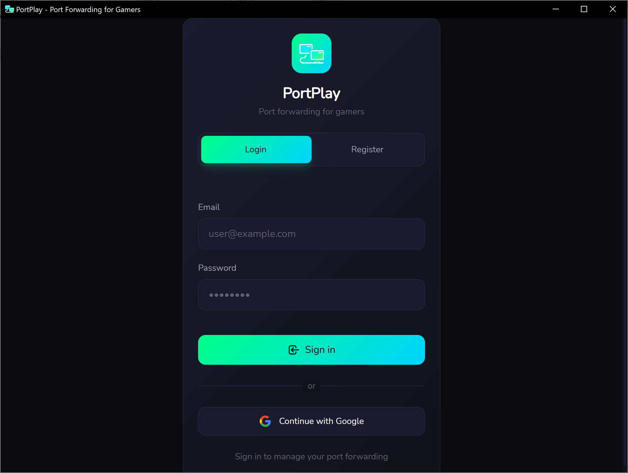 Login screen